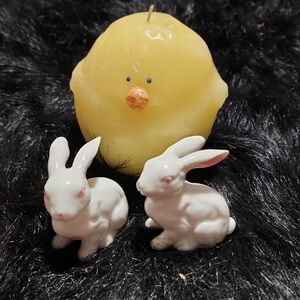 Yellow Chick Candle with White Rabbit Figurines